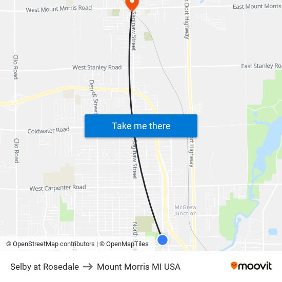 Selby at Rosedale to Mount Morris MI USA map