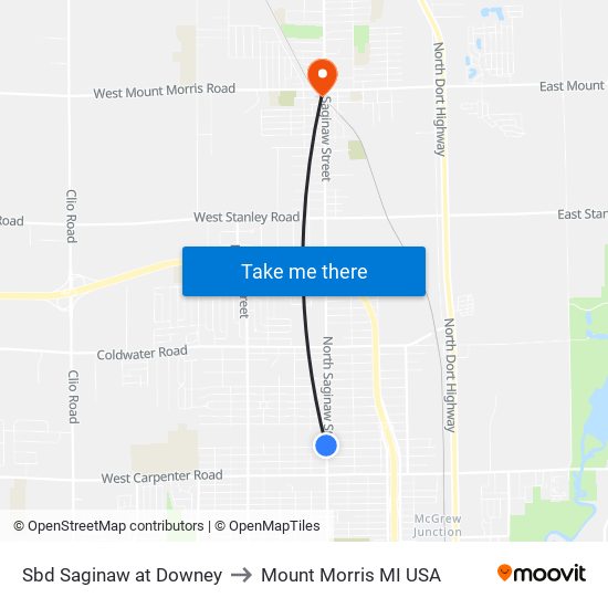 Sbd Saginaw at Downey to Mount Morris MI USA map