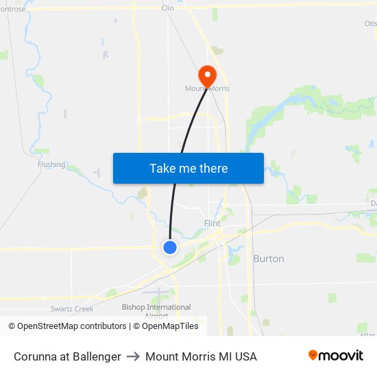 Corunna at Ballenger to Mount Morris MI USA map