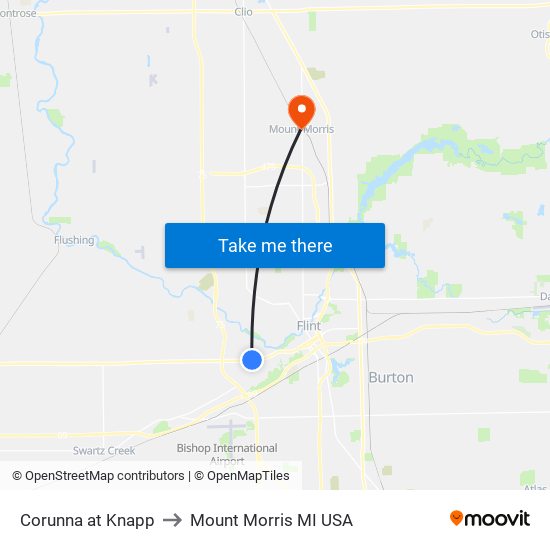 Corunna at Knapp to Mount Morris MI USA map