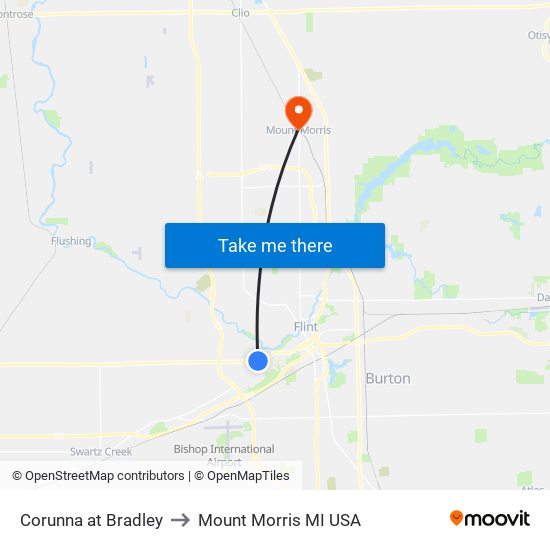 Corunna at Bradley to Mount Morris MI USA map