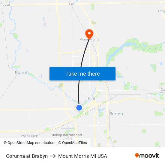 Corunna at Brabyn to Mount Morris MI USA map
