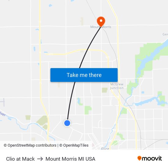 Clio at Mack to Mount Morris MI USA map