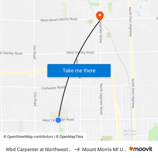 Wbd Carpenter at Northwestern to Mount Morris MI USA map