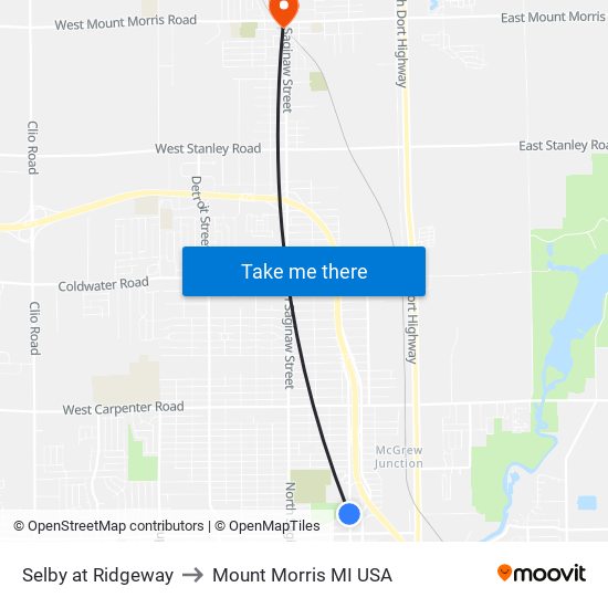 Selby at Ridgeway to Mount Morris MI USA map