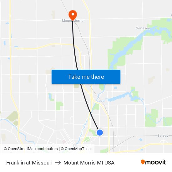 Franklin at Missouri to Mount Morris MI USA map