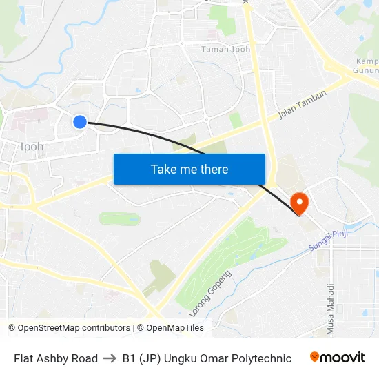 Flat Ashby Road to B1 (JP) Ungku Omar Polytechnic map