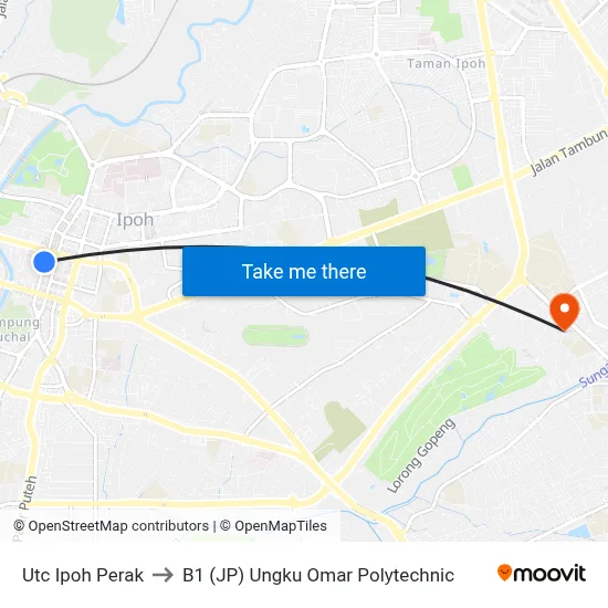 Utc Ipoh Perak to B1 (JP) Ungku Omar Polytechnic map