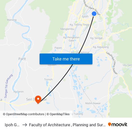 Ipoh Garden to Faculty of Architecture , Planning and Surveying UiTM , Perak map