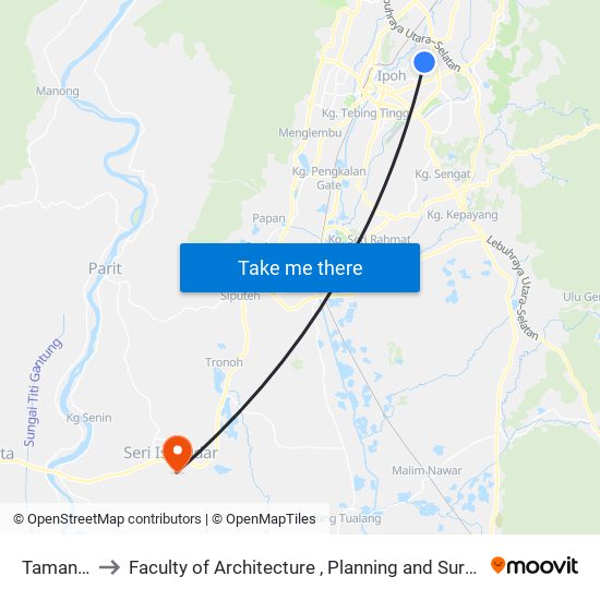 Taman Ipoh to Faculty of Architecture , Planning and Surveying UiTM , Perak map