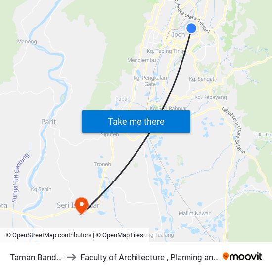 Taman Bandaraya Ipoh to Faculty of Architecture , Planning and Surveying UiTM , Perak map