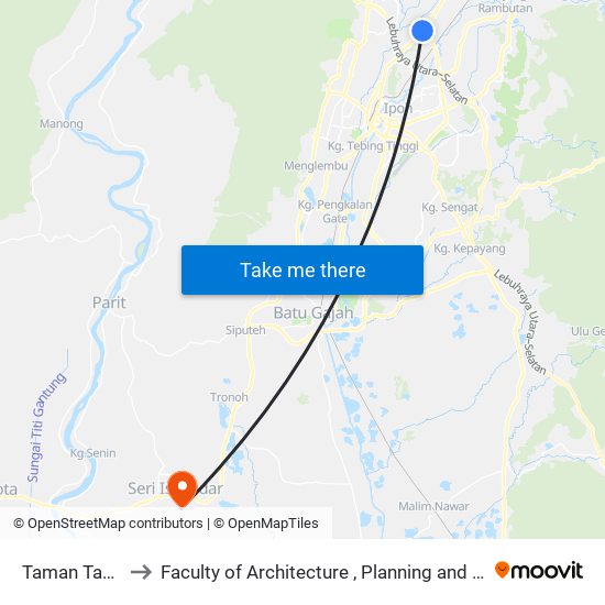 Taman Tasek Jaya to Faculty of Architecture , Planning and Surveying UiTM , Perak map