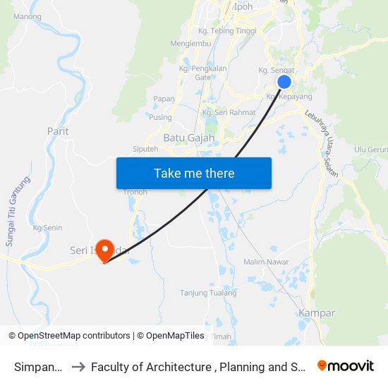 Simpang Pulai to Faculty of Architecture , Planning and Surveying UiTM , Perak map