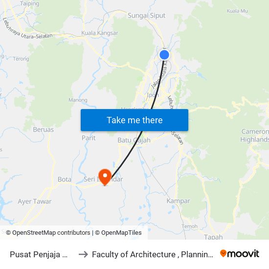 Pusat Penjaja Malaysia Chemor to Faculty of Architecture , Planning and Surveying UiTM , Perak map