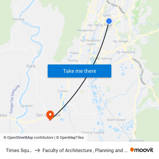 Times Square Ipoh to Faculty of Architecture , Planning and Surveying UiTM , Perak map