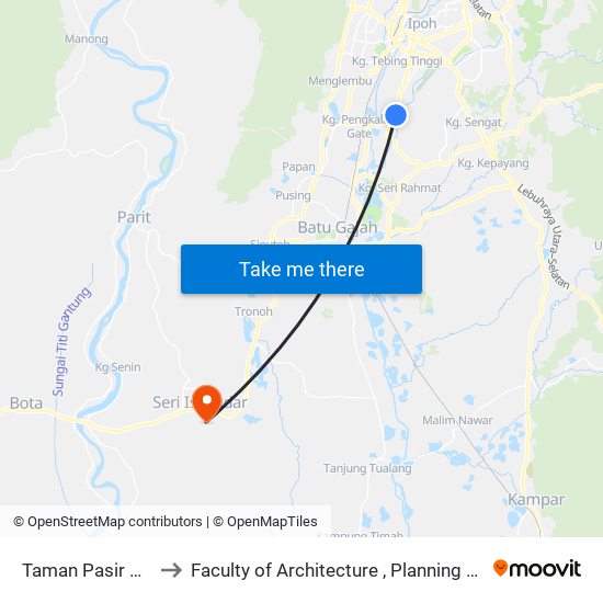 Taman Pasir Puteh Selatan to Faculty of Architecture , Planning and Surveying UiTM , Perak map