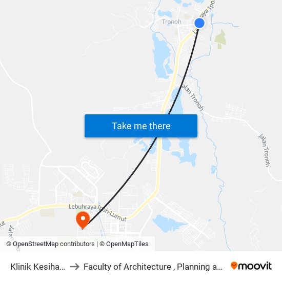 Klinik Kesihatan Tronoh to Faculty of Architecture , Planning and Surveying UiTM , Perak map