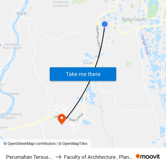 Perumahan Tersusun Bemban Batu Gajah to Faculty of Architecture , Planning and Surveying UiTM , Perak map