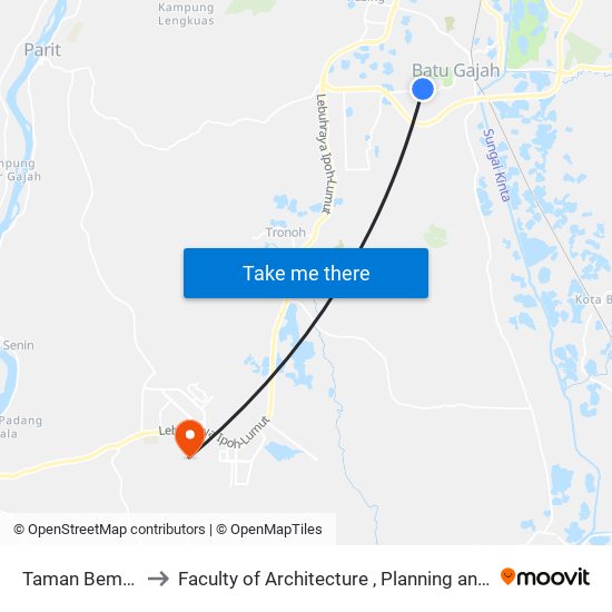 Taman Bemban Awam to Faculty of Architecture , Planning and Surveying UiTM , Perak map