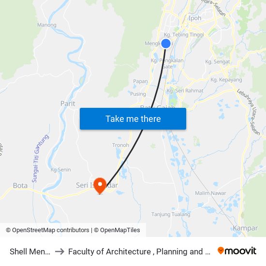 Shell Menglembu to Faculty of Architecture , Planning and Surveying UiTM , Perak map