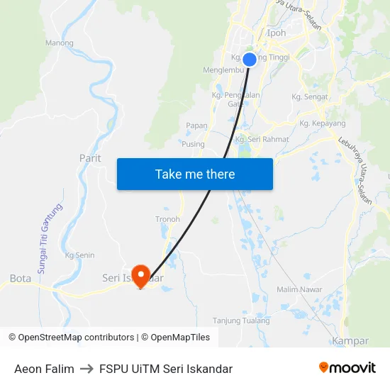 Aeon Falim to FSPU UiTM Seri Iskandar map