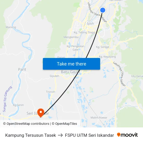Kampung Tersusun Tasek to FSPU UiTM Seri Iskandar map