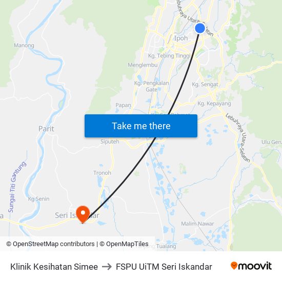 Klinik Kesihatan Simee to FSPU UiTM Seri Iskandar map