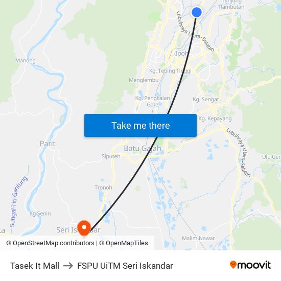 Tasek It Mall to FSPU UiTM Seri Iskandar map