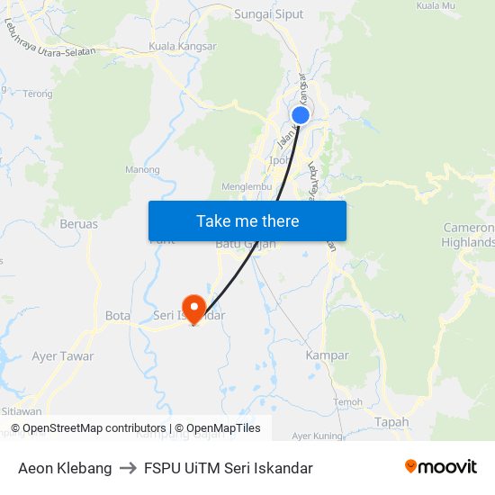 Aeon Klebang to FSPU UiTM Seri Iskandar map