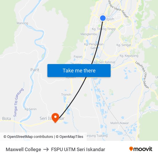 Maxwell College to FSPU UiTM Seri Iskandar map