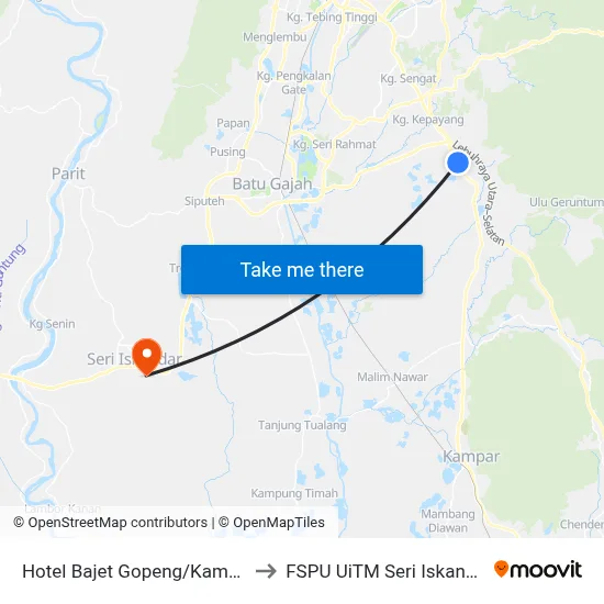 Hotel Bajet Gopeng/Kampar to FSPU UiTM Seri Iskandar map