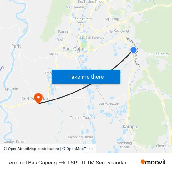 Terminal Bas Gopeng to FSPU UiTM Seri Iskandar map