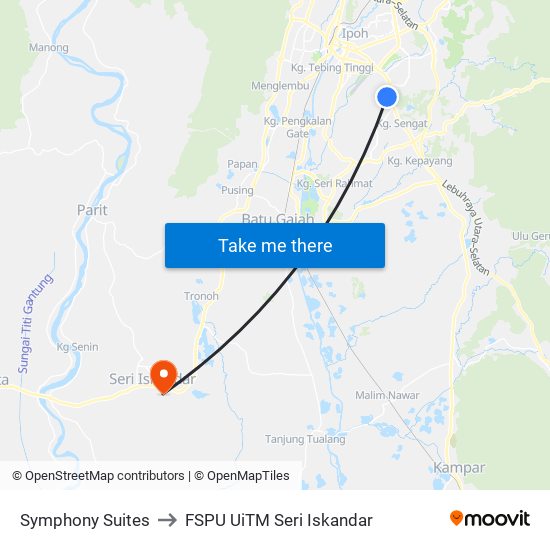 Symphony Suites to FSPU UiTM Seri Iskandar map