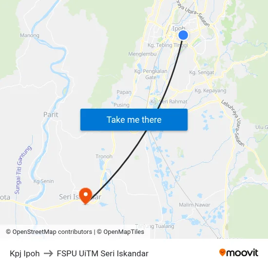 Kpj Ipoh to FSPU UiTM Seri Iskandar map