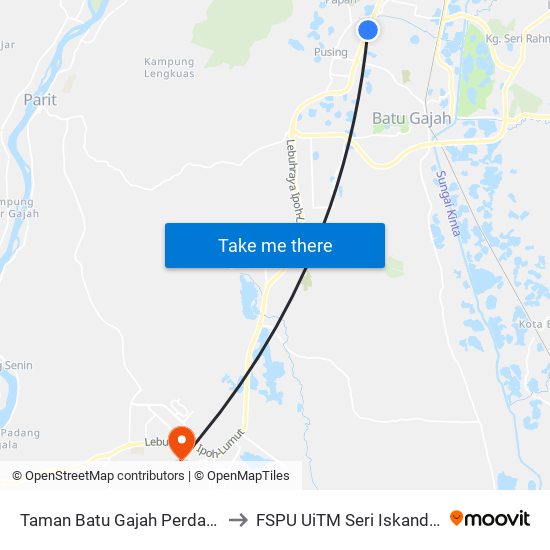 Taman Batu Gajah Perdana to FSPU UiTM Seri Iskandar map