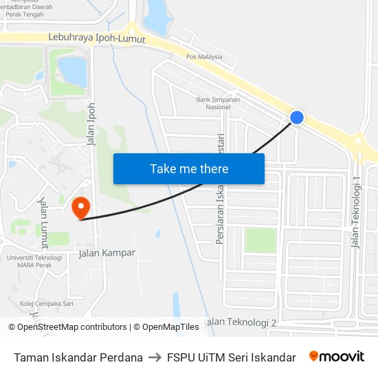 Taman Iskandar Perdana to FSPU UiTM Seri Iskandar map