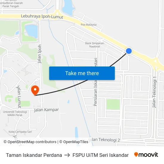 Taman Iskandar Perdana to FSPU UiTM Seri Iskandar map