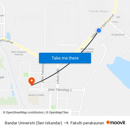 Bandar Universiti (Seri Iskandar) to Fakulti perakaunan map