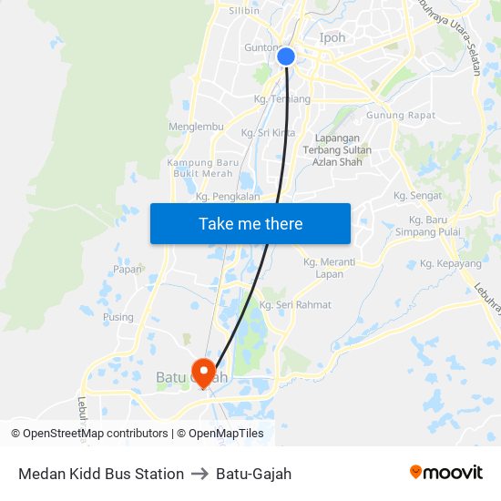 Medan Kidd Bus Station to Batu-Gajah map