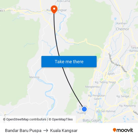 Bandar Baru Puspa to Kuala Kangsar map