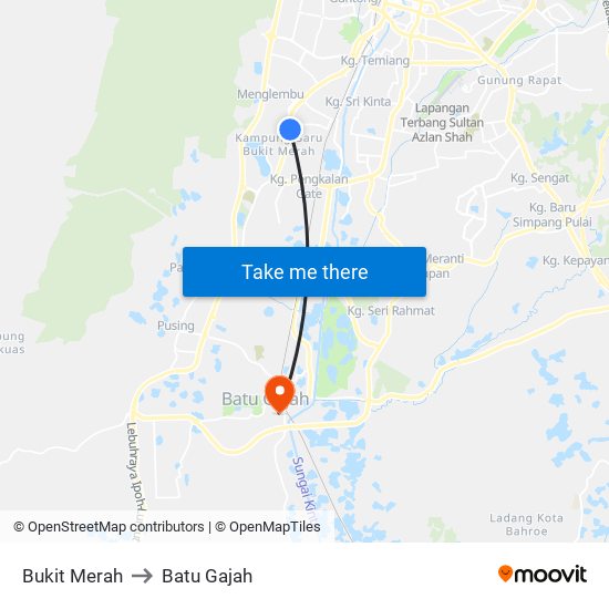 Bukit Merah to Batu Gajah map