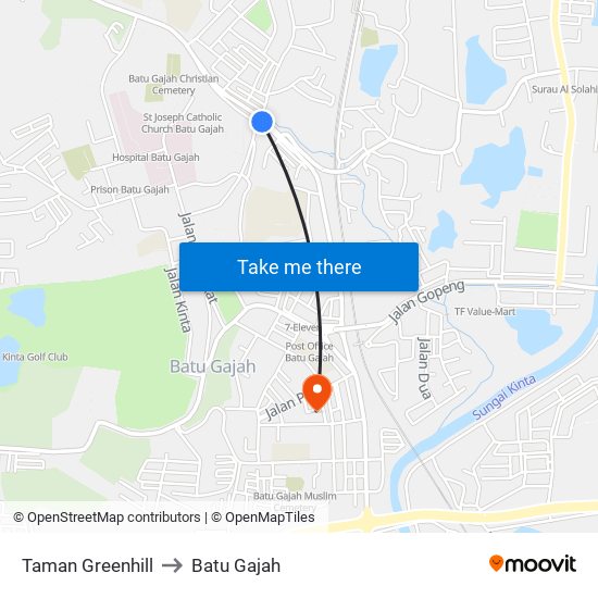 Taman Greenhill to Batu Gajah map