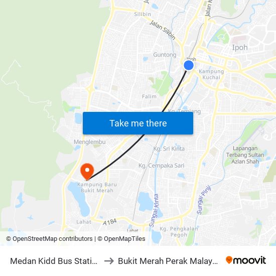 Medan Kidd Bus Station to Bukit Merah Perak Malaysia map