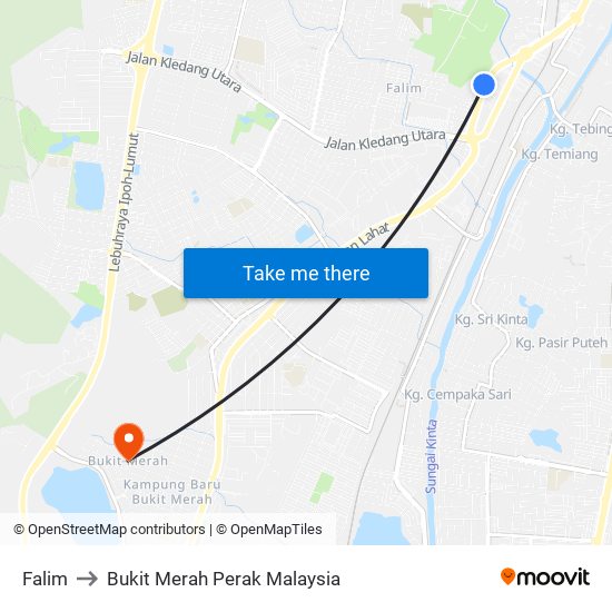 Falim to Bukit Merah Perak Malaysia map