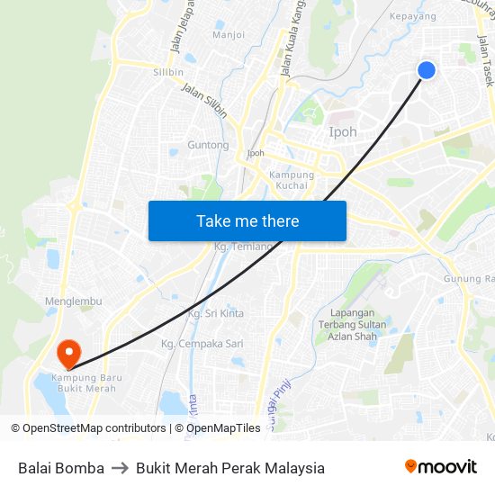 Balai Bomba to Bukit Merah Perak Malaysia map