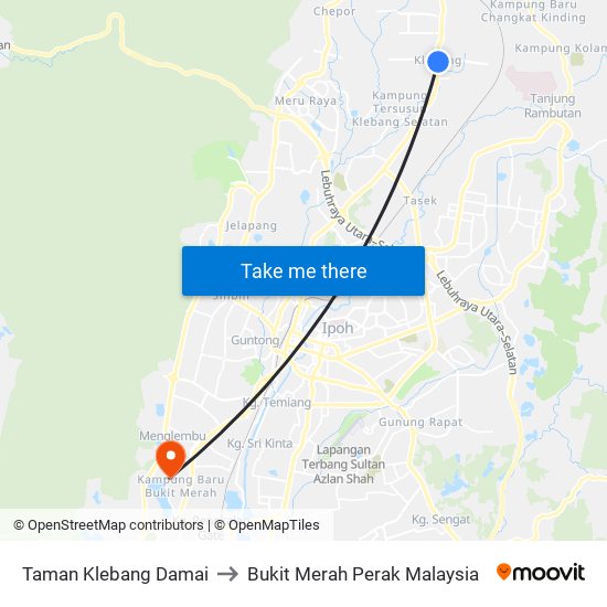 Taman Klebang Damai to Bukit Merah Perak Malaysia map