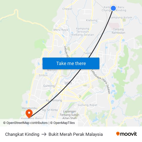 Changkat Kinding to Bukit Merah Perak Malaysia map