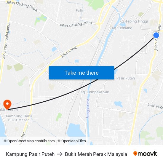 Kampung Pasir Puteh to Bukit Merah Perak Malaysia map