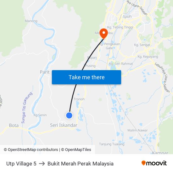 Utp Village 5 to Bukit Merah Perak Malaysia map