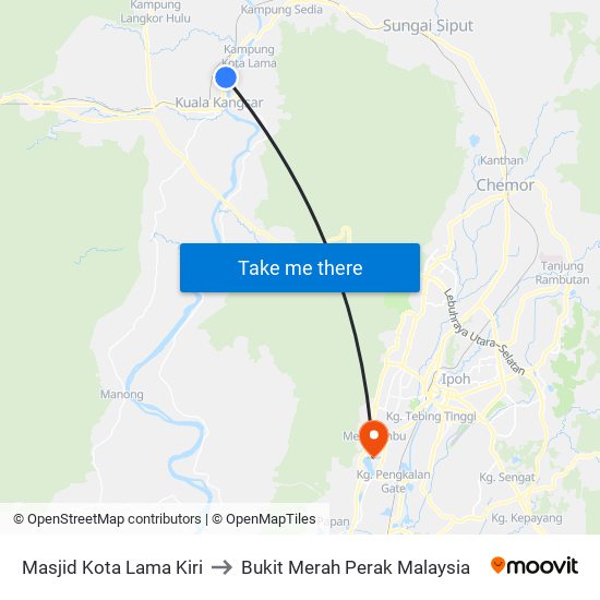 Masjid Kota Lama Kiri to Bukit Merah Perak Malaysia map